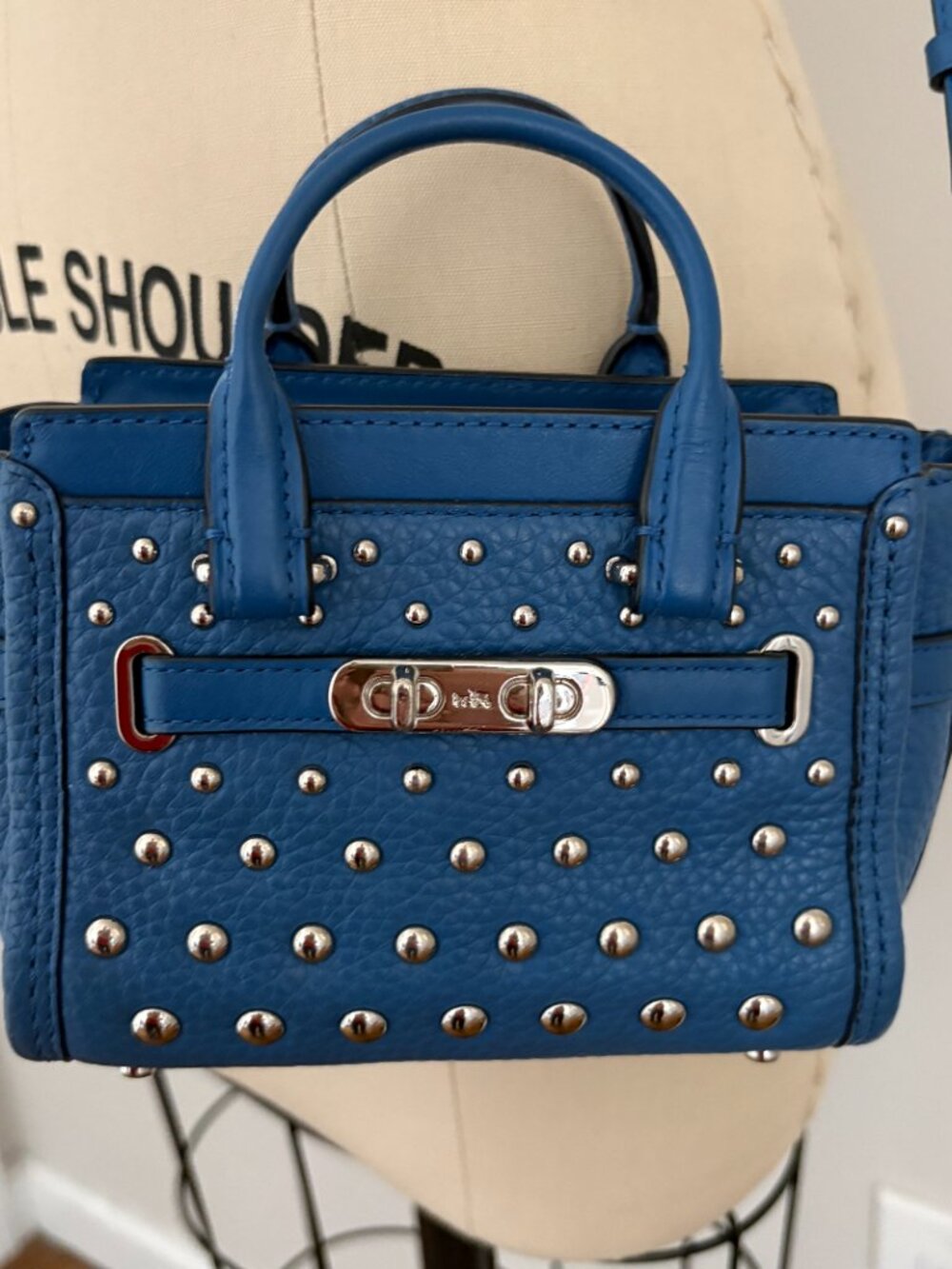 Coach Swagger 15 Blue Pebble Leather Ombre Rivets Crossbody Bag Quiet Luxury - Picture 2 of 11